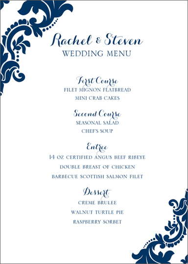 Navy Damask Menu Cards